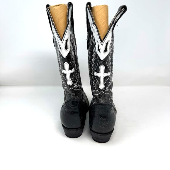 J.B. Dillon Black White Goat Leather Cowgirl Boots 6 Wings Cross Mexico Western - Picture 8 of 12